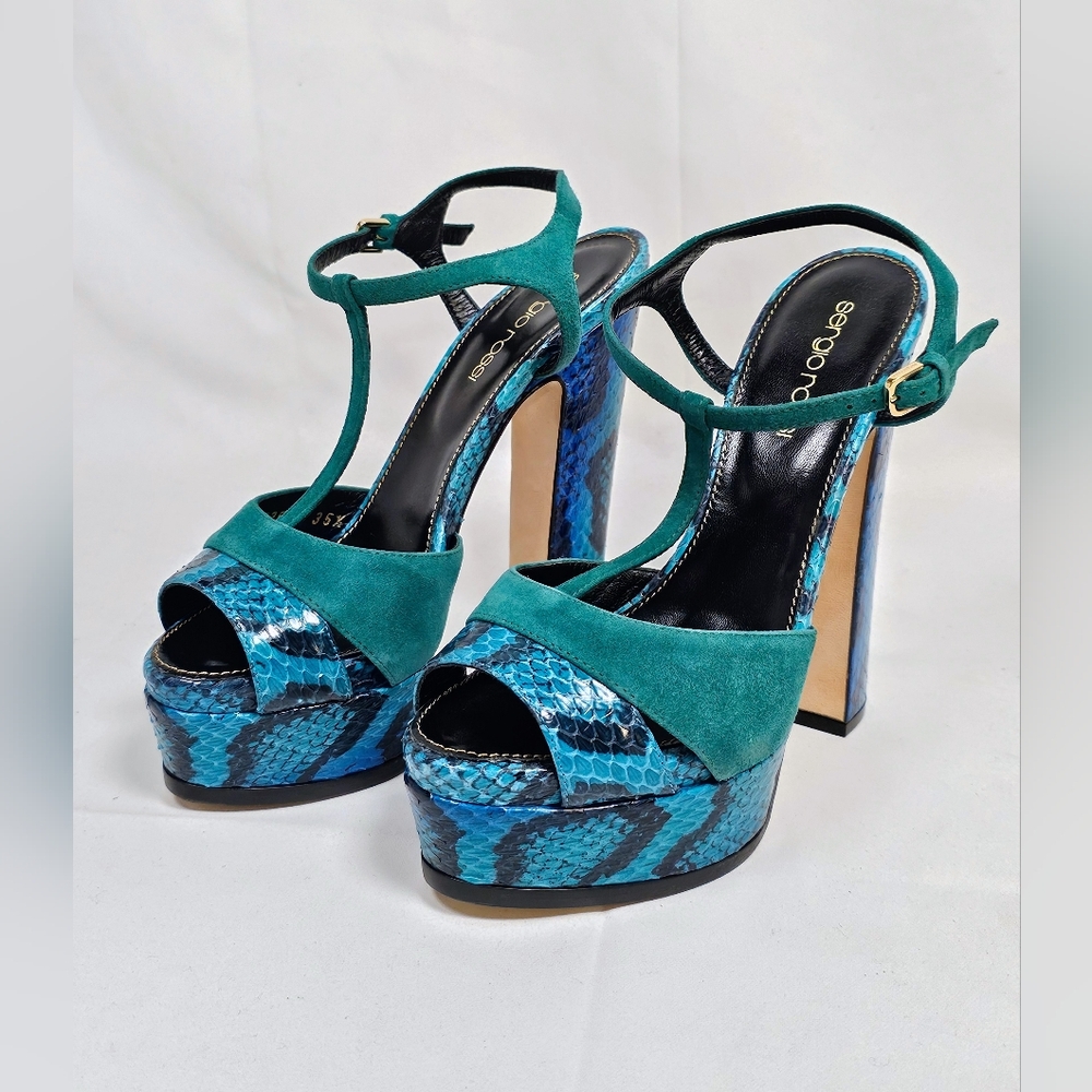 Sergio Rossi Elaphe Blue/Green Suede and Python Leather Platform Size US 5.5